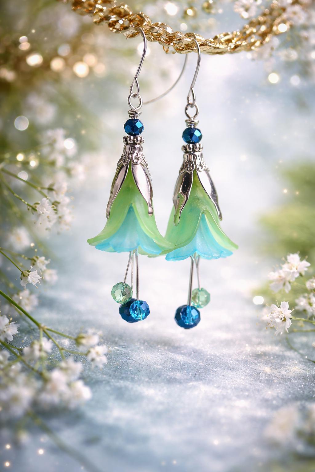 Handmade Blue Floral Dangle Earrings, Silver or Gold Finish