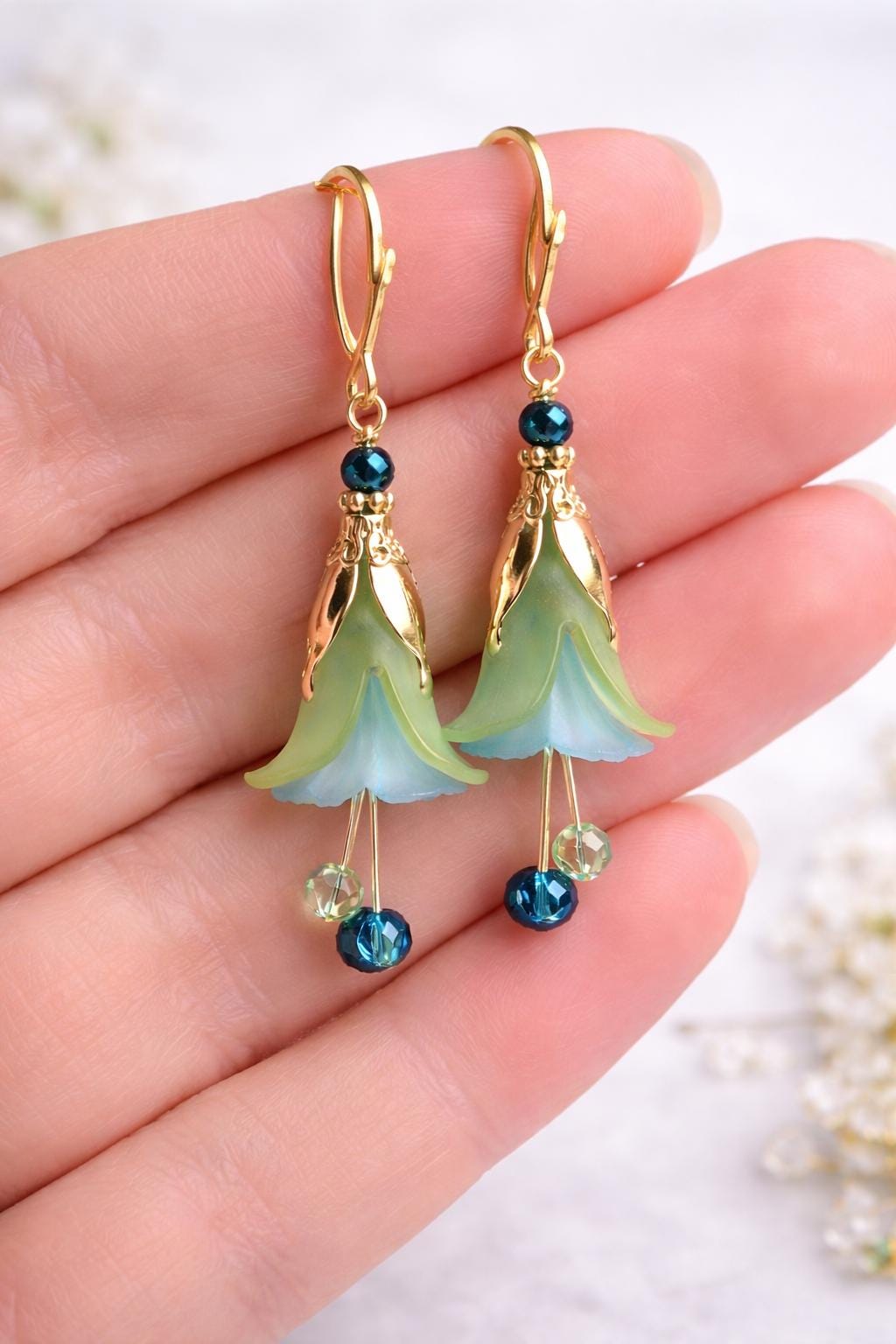 Handmade Blue Floral Dangle Earrings, Silver or Gold Finish