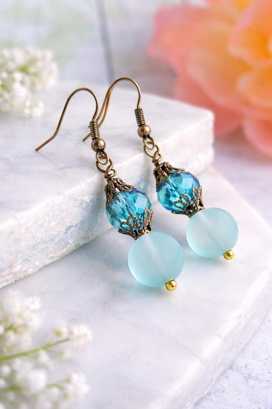 Aqua Frosted Glass Jewelry Set | Crystal Accents, Beach Wedding