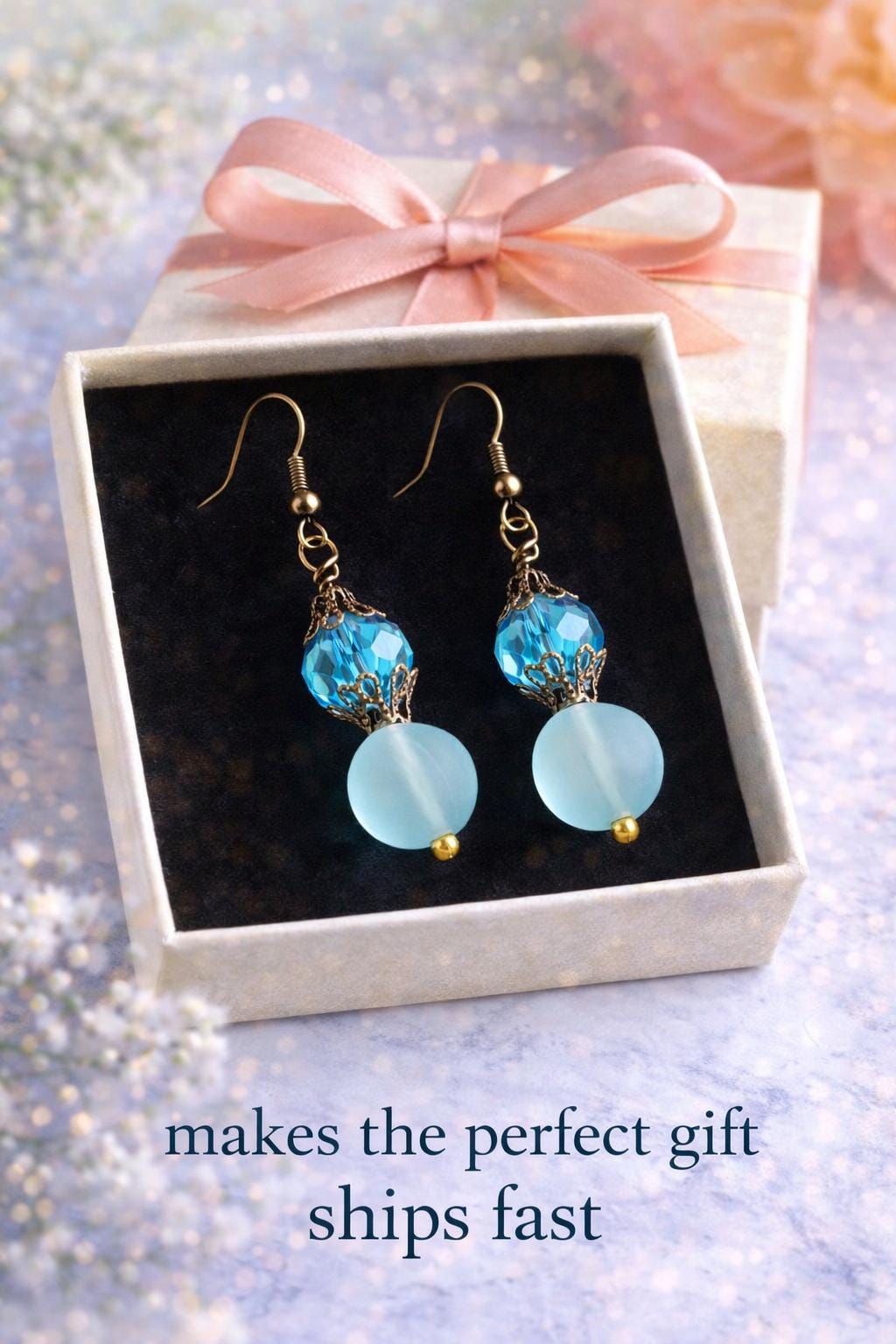 Aqua Frosted Glass Jewelry Set | Crystal Accents, Beach Wedding