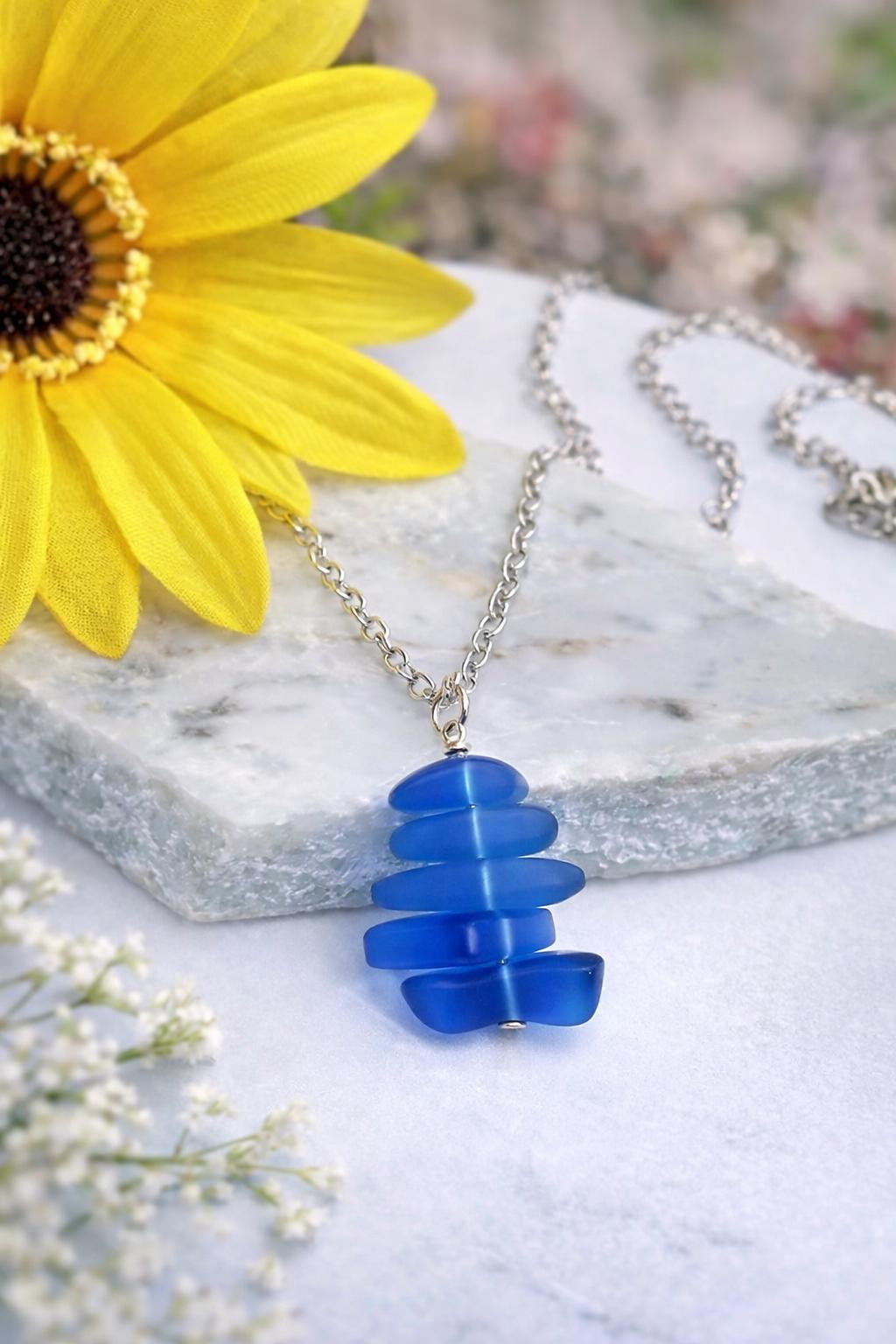 Handmade Stacked Blue Sea Glass Necklace | Coastal Jewelry