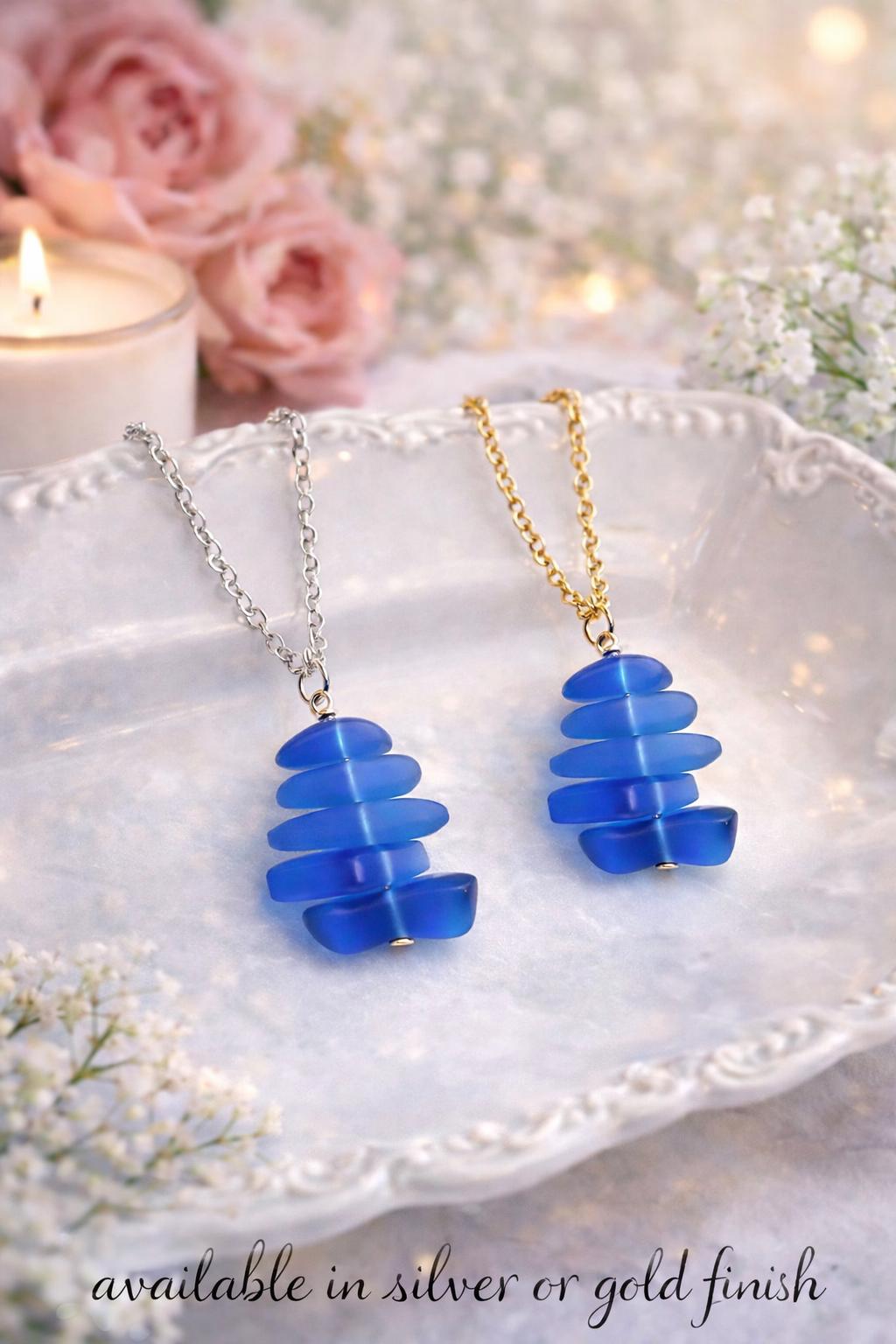 Handmade Stacked Blue Sea Glass Necklace | Coastal Jewelry