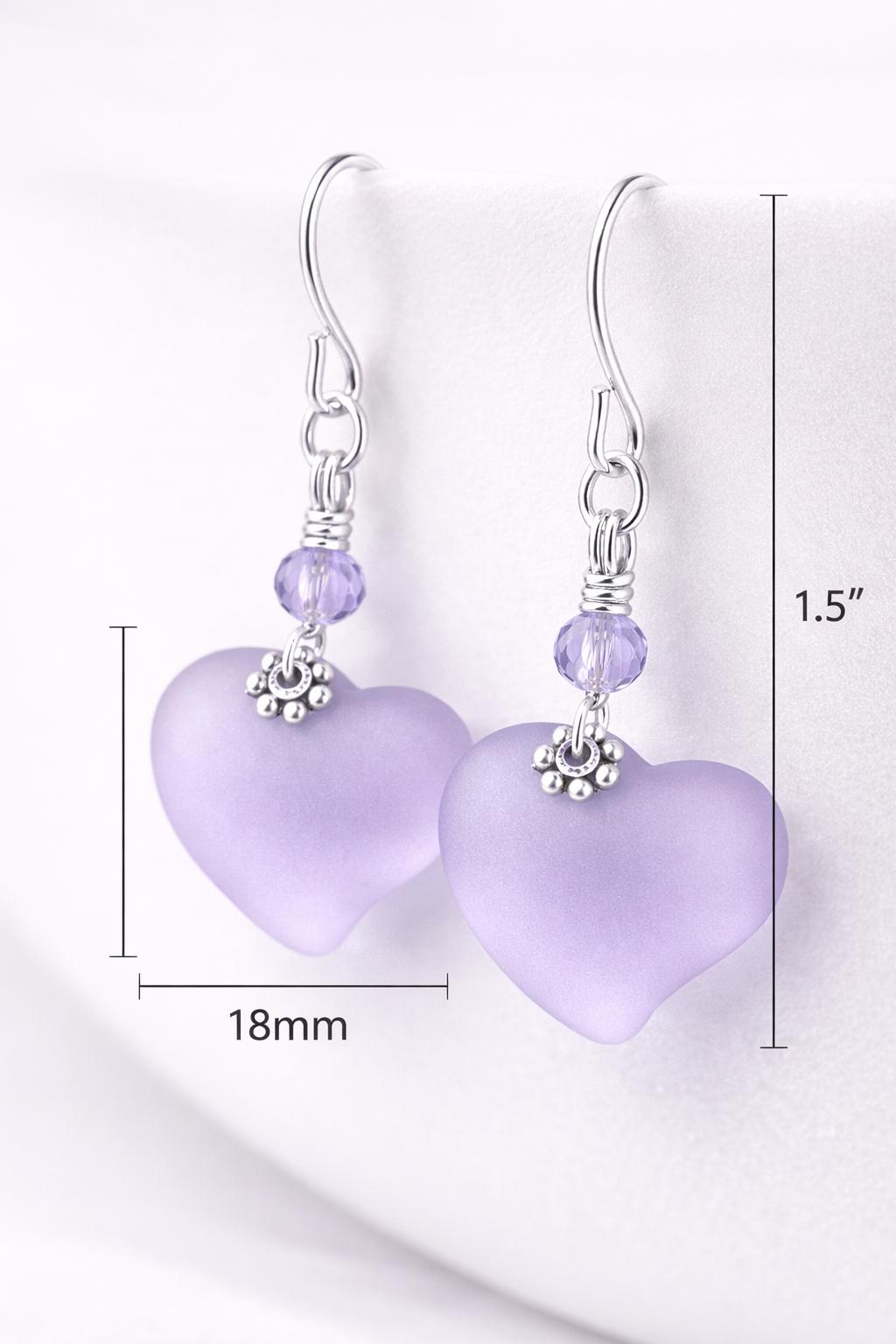 Frosted Lavender Heart Earrings • Light Purple Sea Glass Style • Dainty Silver Drop Earrings • Romantic Gift for Her