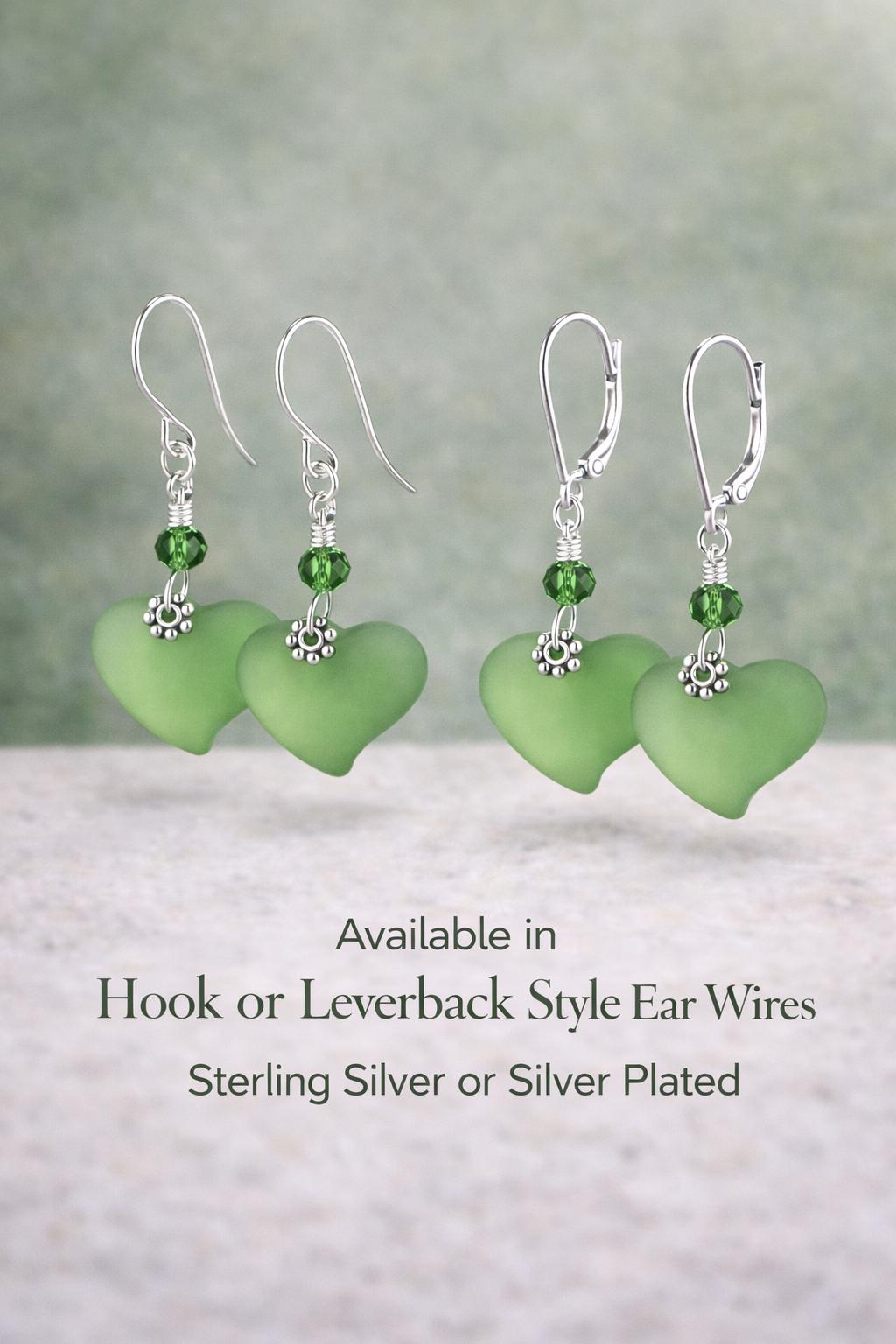 Green Sea Glass Heart Earrings, Frosted Glass Dangle Earrings, Sterling Silver or Silver Plated, Gift for Her, Beach Inspired Jewelry