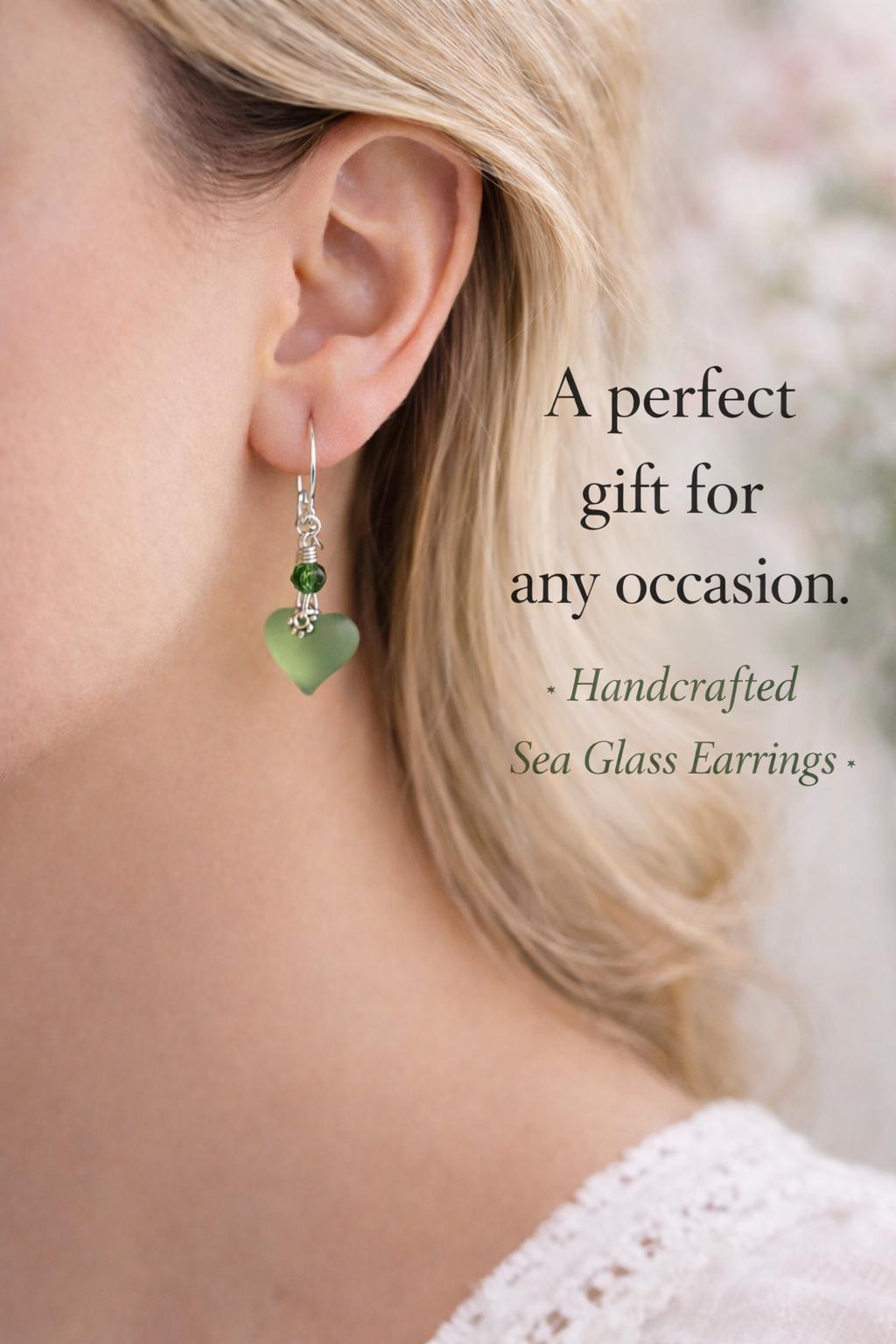 Green Sea Glass Heart Earrings, Frosted Glass Dangle Earrings, Sterling Silver or Silver Plated, Gift for Her, Beach Inspired Jewelry