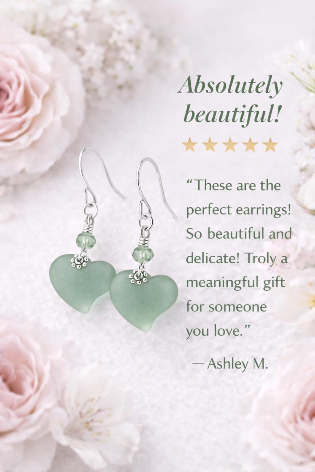 Seafoam Green Sea Glass Heart Earrings, Sterling Silver or Leverback Hooks, Romantic Gift for Her, Beach Jewelry