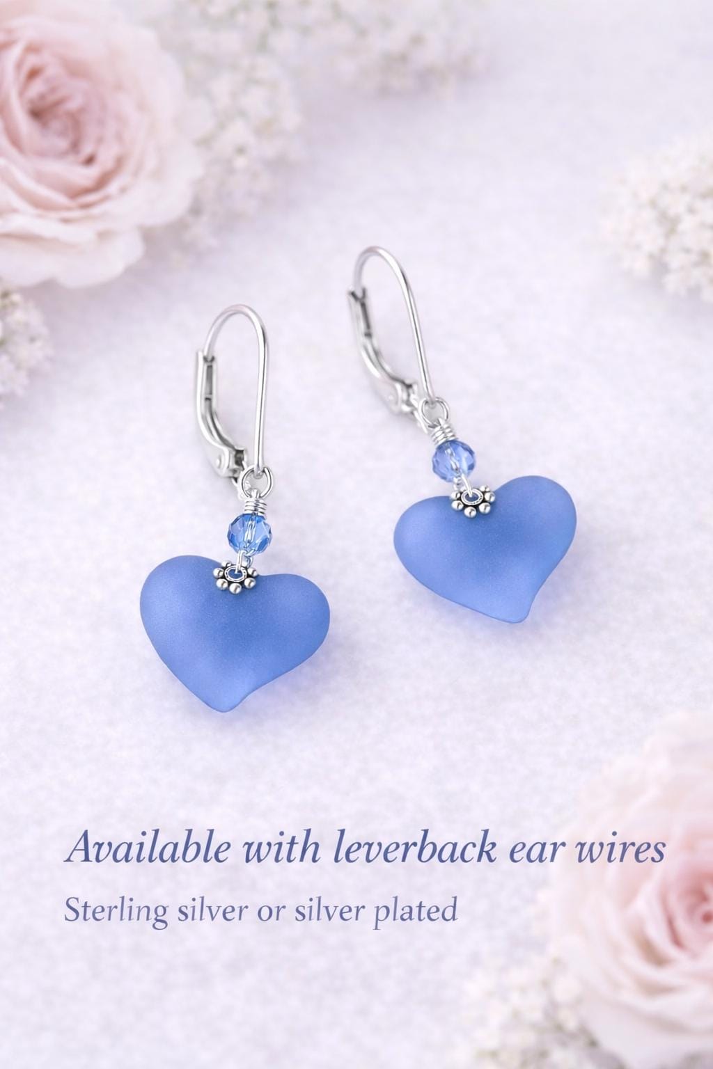 Frosted Blue Sea Glass Heart Earrings, Sterling Silver Leverback Earrings, Romantic Beach Jewelry Gift for Her