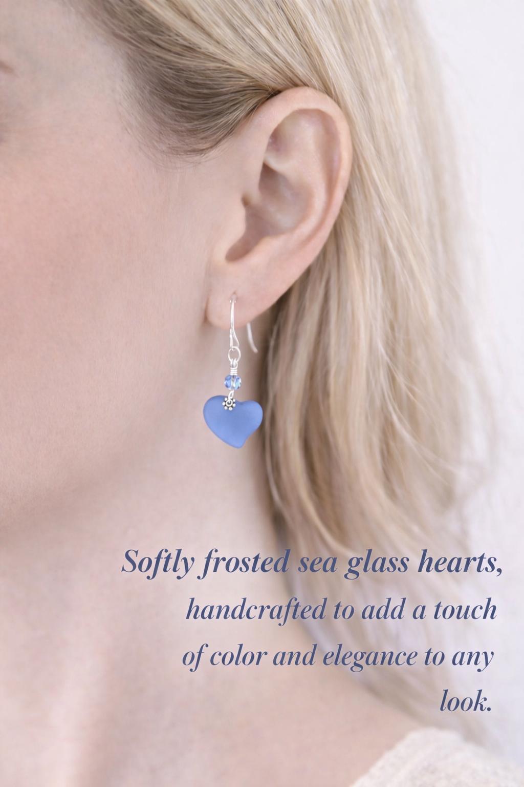 Frosted Blue Sea Glass Heart Earrings, Sterling Silver Leverback Earrings, Romantic Beach Jewelry Gift for Her