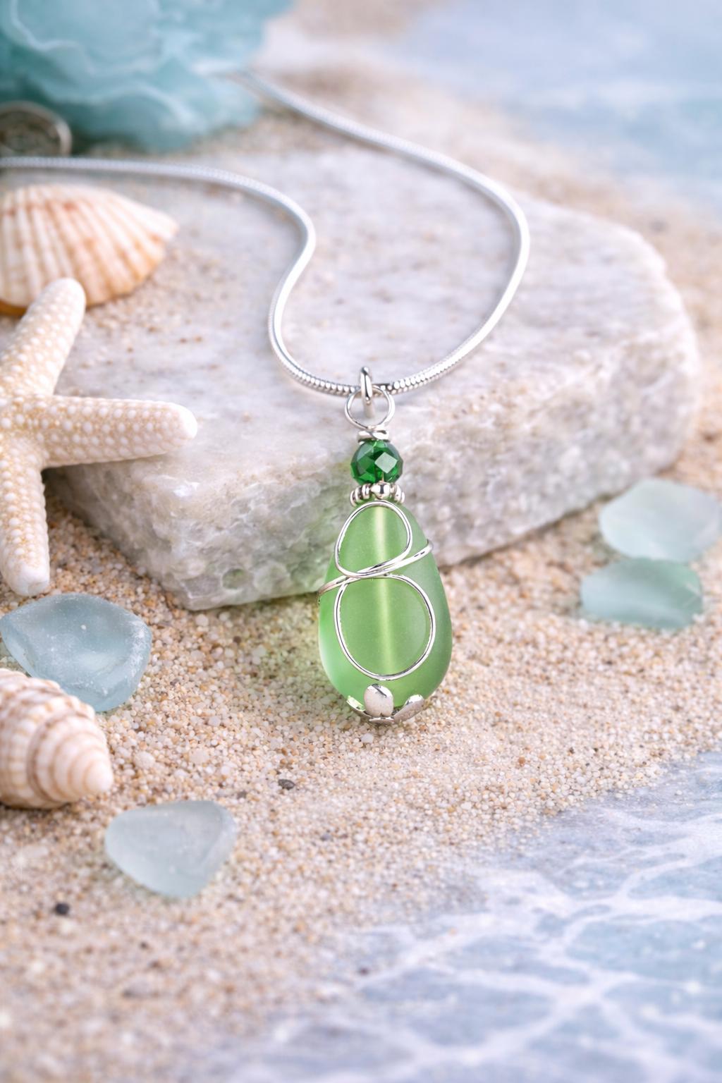 Seafoam Green Sea Glass Necklace | Silver Aventurine Coastal Jewelry