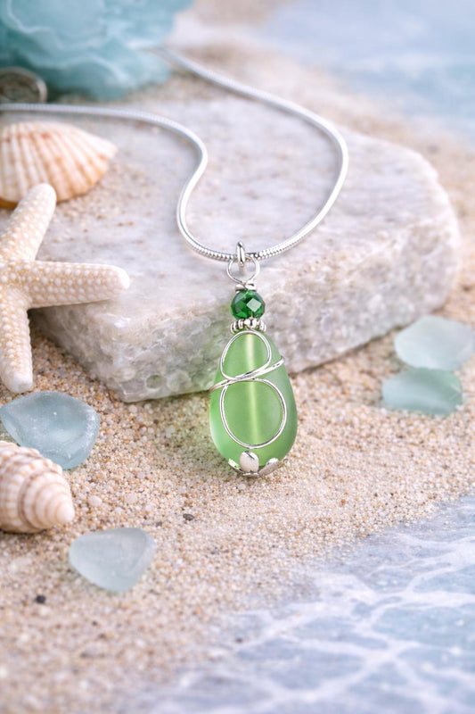 Seafoam Green Sea Glass Necklace | Silver Aventurine Coastal Jewelry
