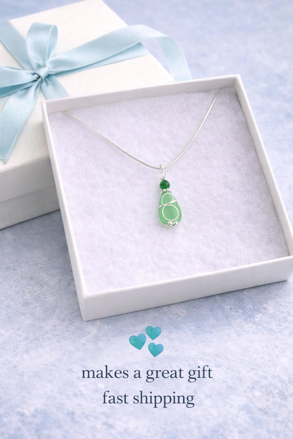Seafoam Green Sea Glass Necklace | Silver Aventurine Coastal Jewelry