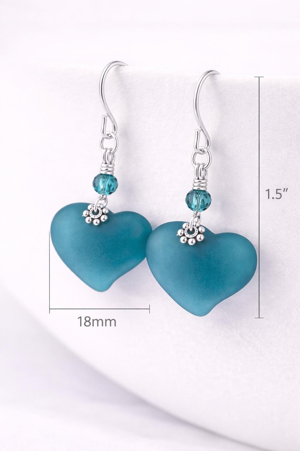 Teal Sea Glass Heart Earrings, Frosted Blue Heart Dangles, Beach Jewelry Gift for Her, Sterling Silver Leverback Earrings