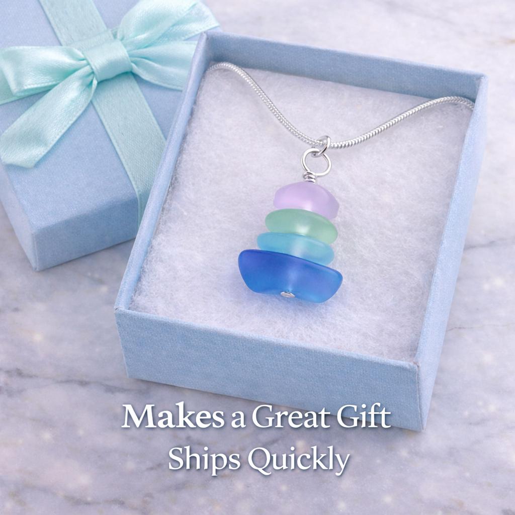 Handmade Stacked Sea Glass Necklace, Coastal Jewelry