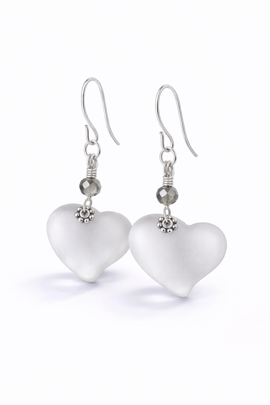 Clear Sea Glass Heart Earrings, Crystal Heart Dangle Earrings, Frosted Glass Jewelry Gift for Her, Sterling Silver Hook or Leverback