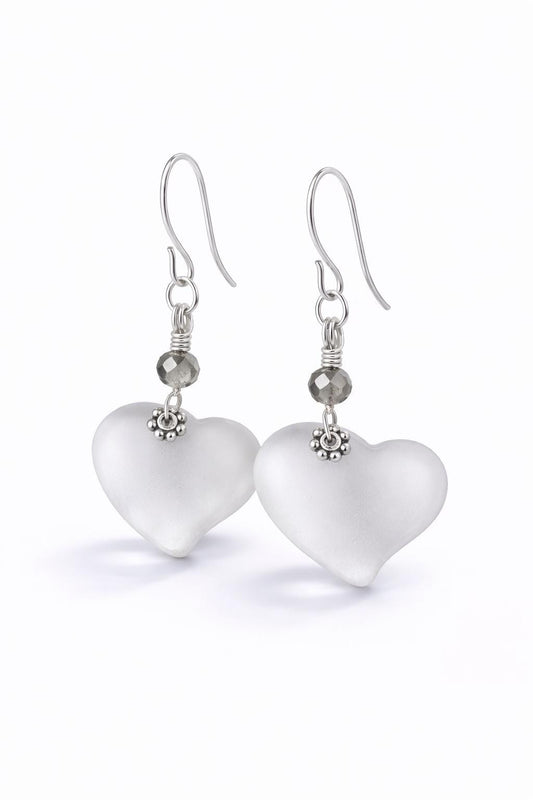 Clear Sea Glass Heart Earrings, Crystal Heart Dangle Earrings, Frosted Glass Jewelry Gift for Her, Sterling Silver Hook or Leverback