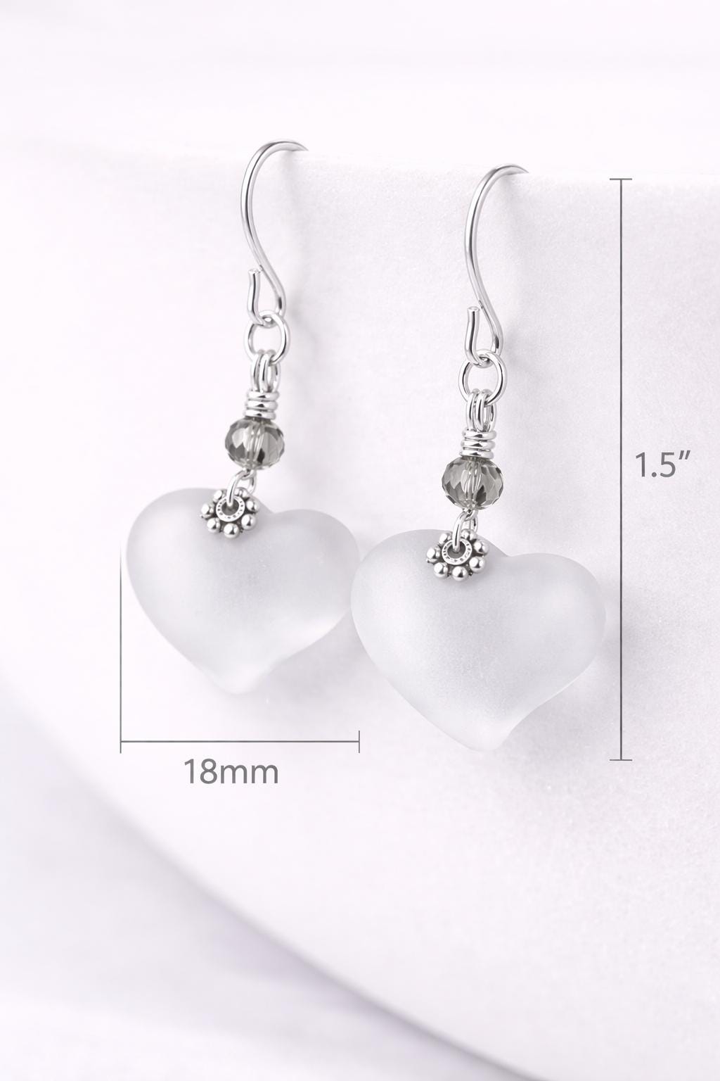 Clear Sea Glass Heart Earrings, Crystal Heart Dangle Earrings, Frosted Glass Jewelry Gift for Her, Sterling Silver Hook or Leverback