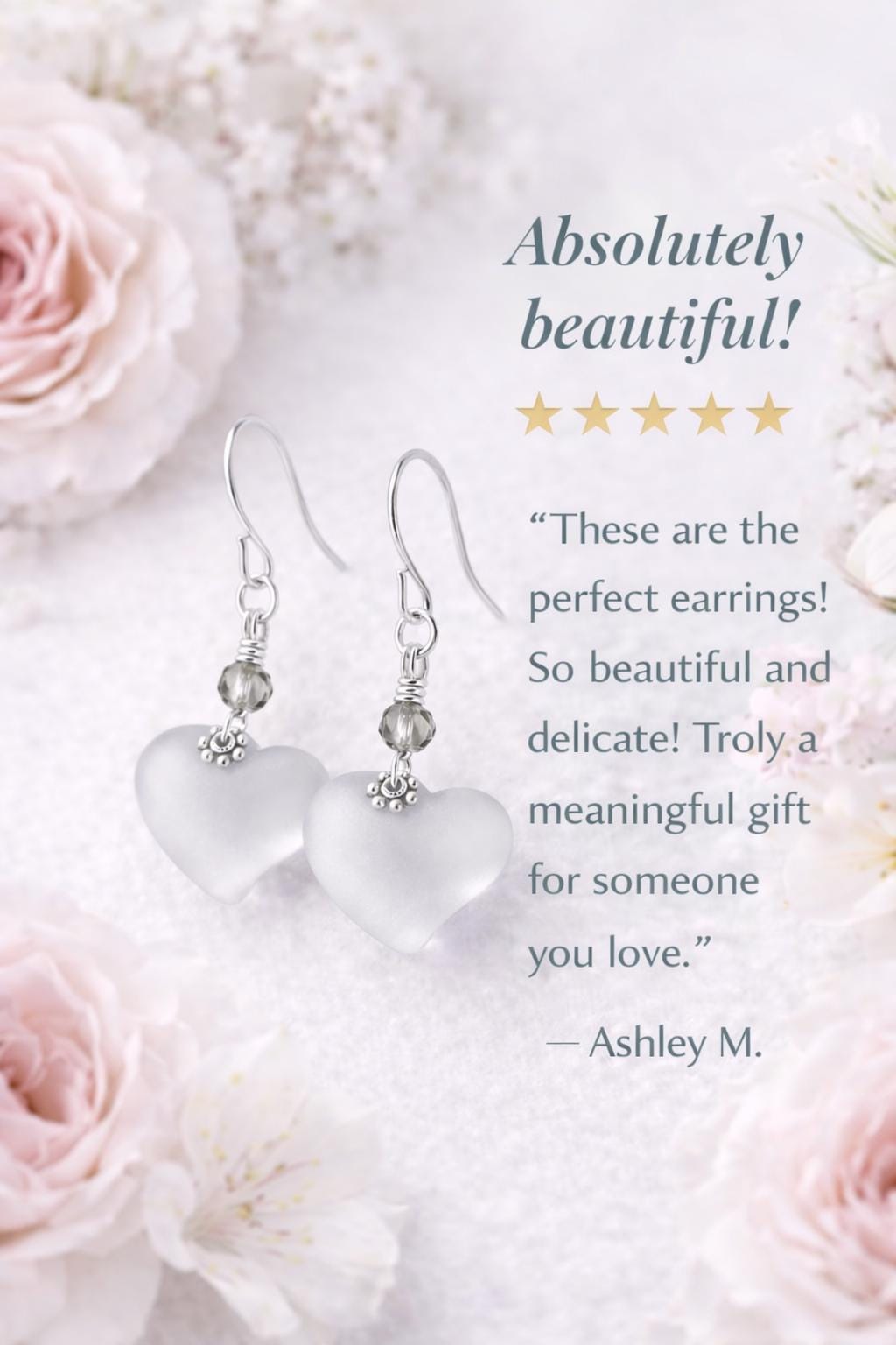 Clear Sea Glass Heart Earrings, Crystal Heart Dangle Earrings, Frosted Glass Jewelry Gift for Her, Sterling Silver Hook or Leverback