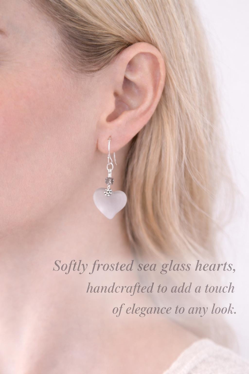 Clear Sea Glass Heart Earrings, Crystal Heart Dangle Earrings, Frosted Glass Jewelry Gift for Her, Sterling Silver Hook or Leverback