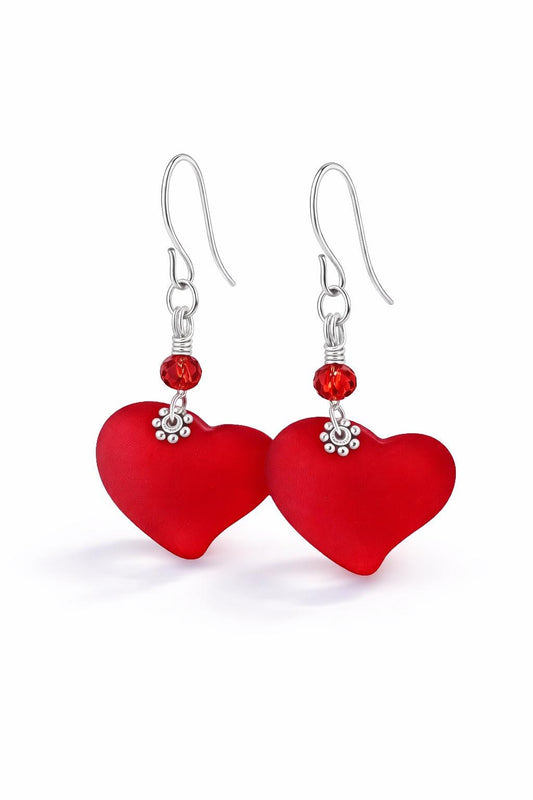 Red Sea Glass Heart Earrings – Frosted Heart Dangle Earrings, Romantic Jewelry Gift for Her, Hook or Leverback