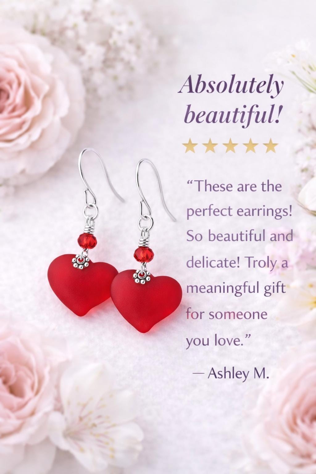 Red Sea Glass Heart Earrings – Frosted Heart Dangle Earrings, Romantic Jewelry Gift for Her, Hook or Leverback