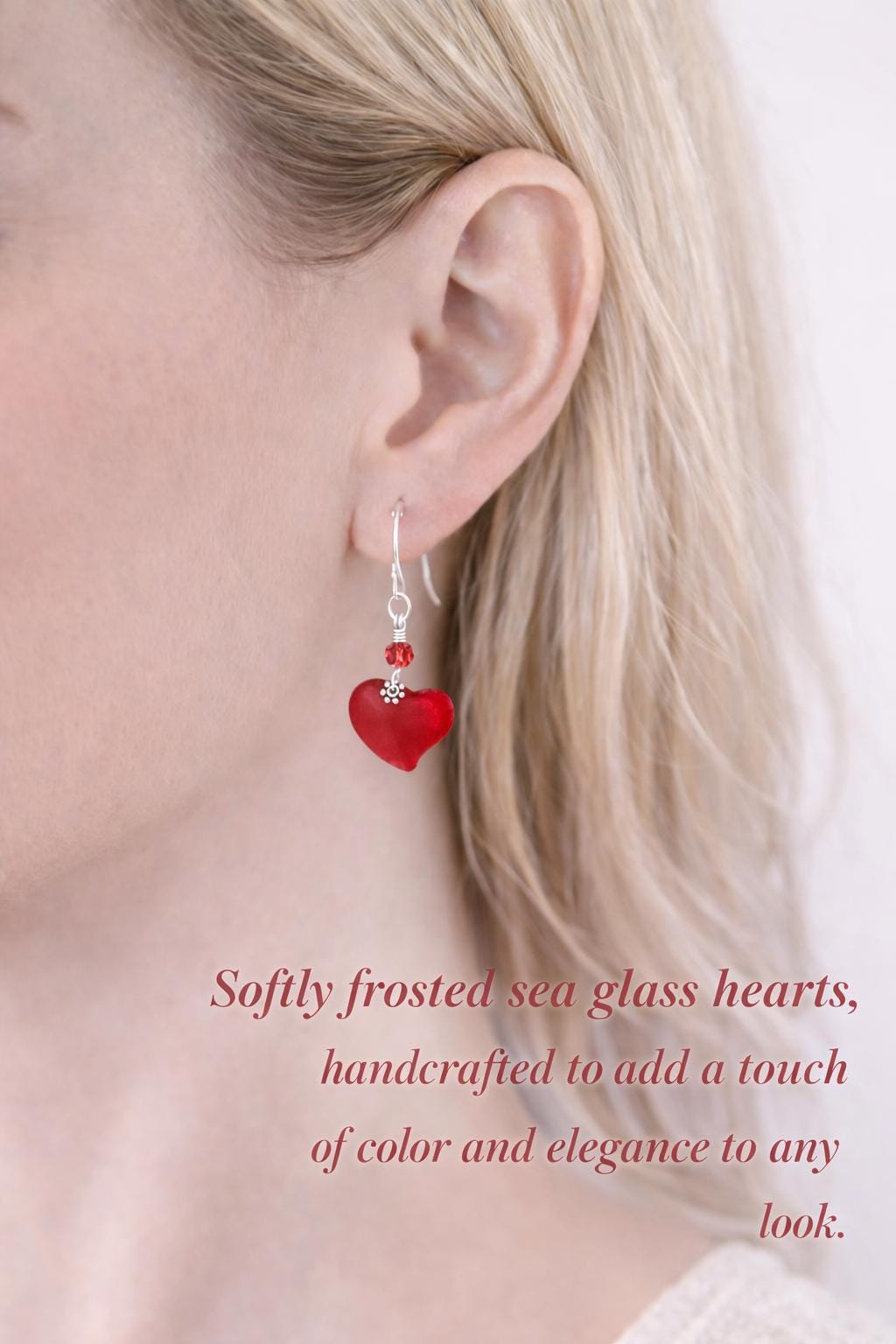Red Sea Glass Heart Earrings – Frosted Heart Dangle Earrings, Romantic Jewelry Gift for Her, Hook or Leverback