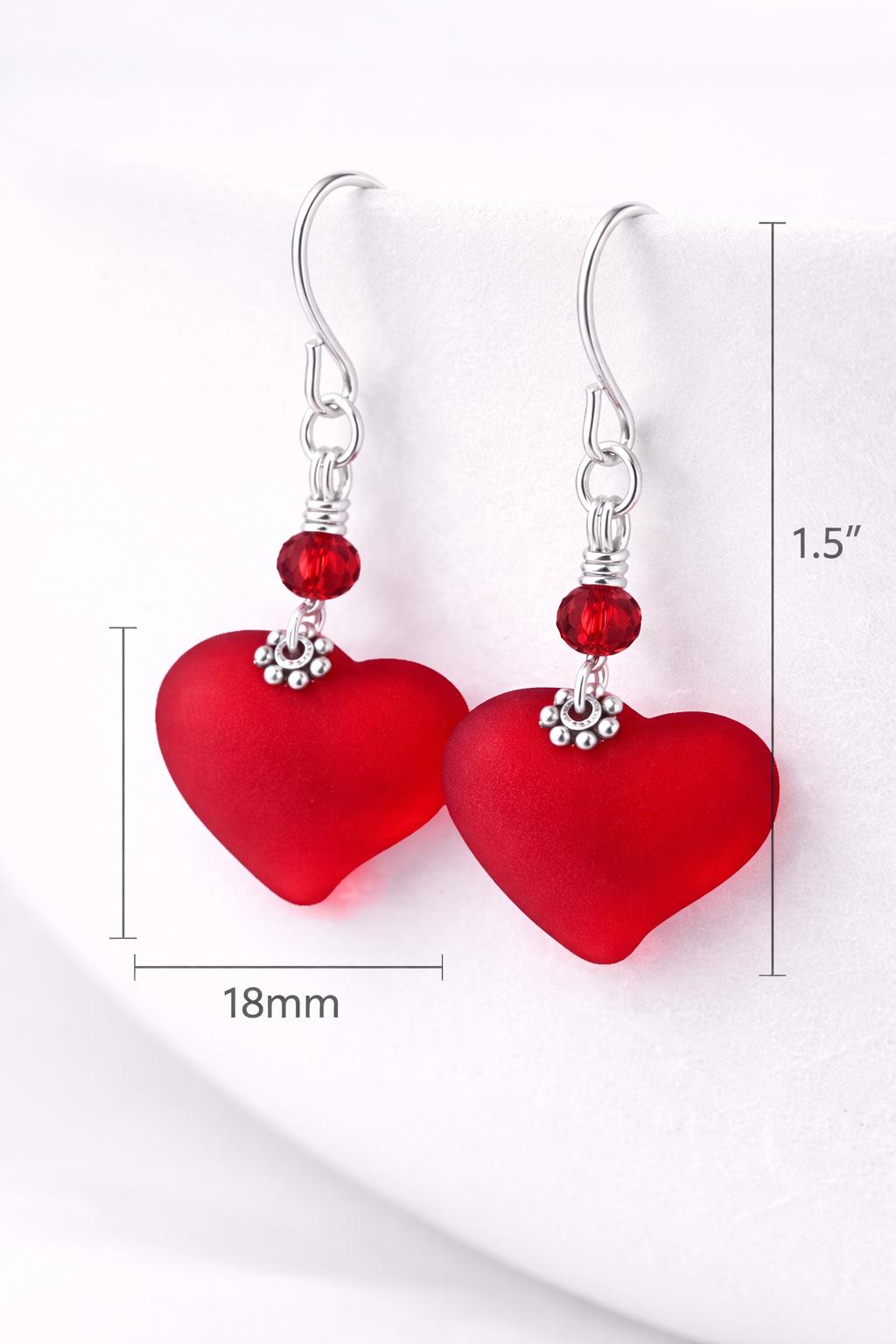 Red Sea Glass Heart Earrings – Frosted Heart Dangle Earrings, Romantic Jewelry Gift for Her, Hook or Leverback