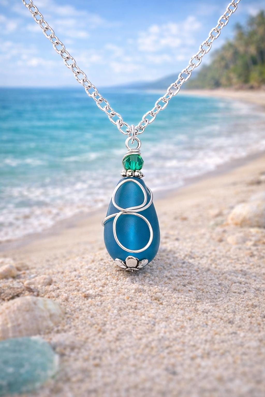 Teal Sea Glass Necklace | Silver Wire Wrapped Pendant