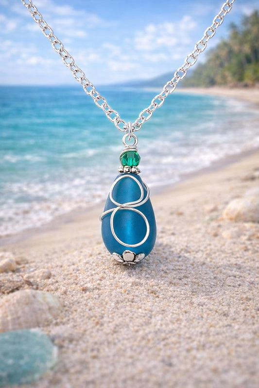 Teal Sea Glass Necklace | Silver Wire Wrapped Pendant