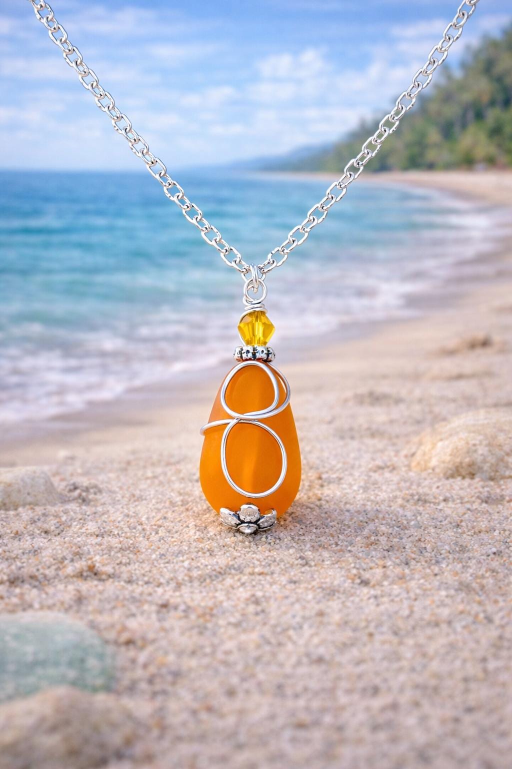 Orange Sea Glass Necklace | Wire-Wrapped Gemstone Pendant, Coastal Jewelry