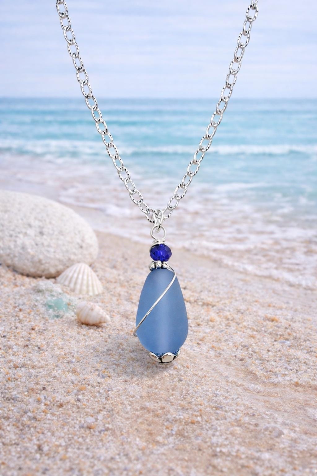 Blue Frosted Glass Necklace | Simple Wire Wrapped Pendant | Coastal Teardrop Jewelry | Handmade Minimal Necklace