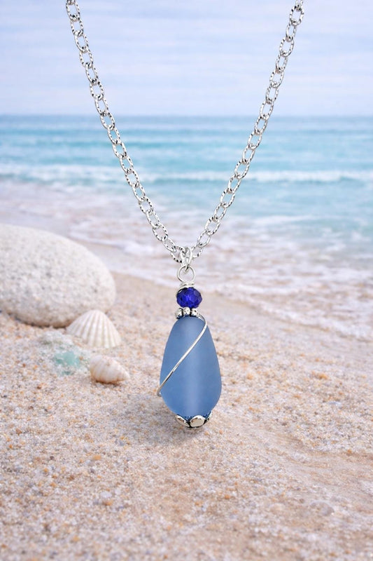 Blue Frosted Glass Necklace | Simple Wire Wrapped Pendant | Coastal Teardrop Jewelry | Handmade Minimal Necklace