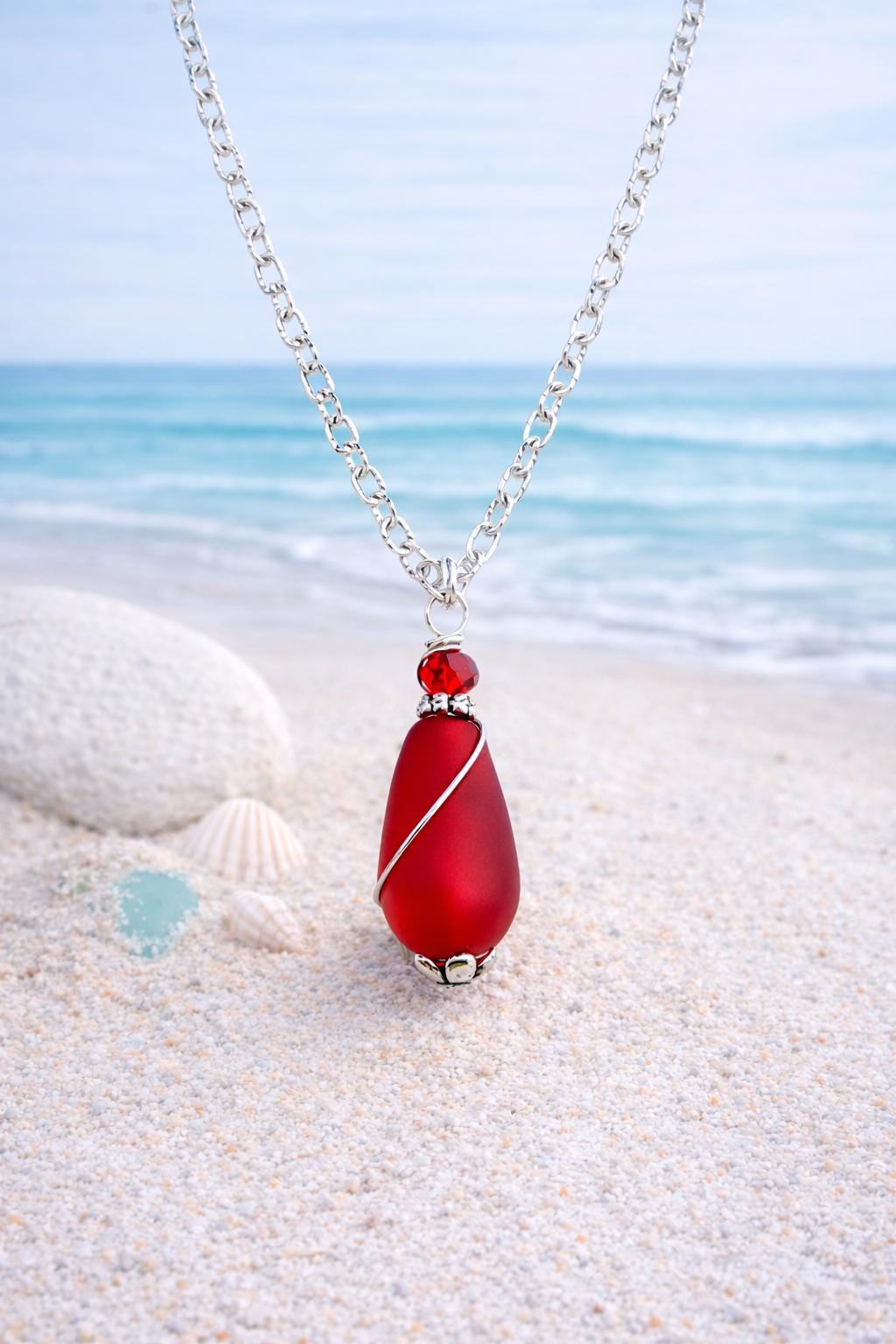 Red Sea Glass Necklace | Wire Wrapped Teardrop Pendant, Handmade