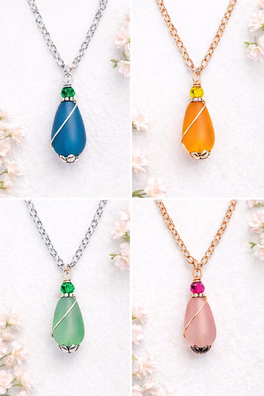 Pink Frosted Glass Teardrop Necklace | Wire Wrapped Coastal Pendant