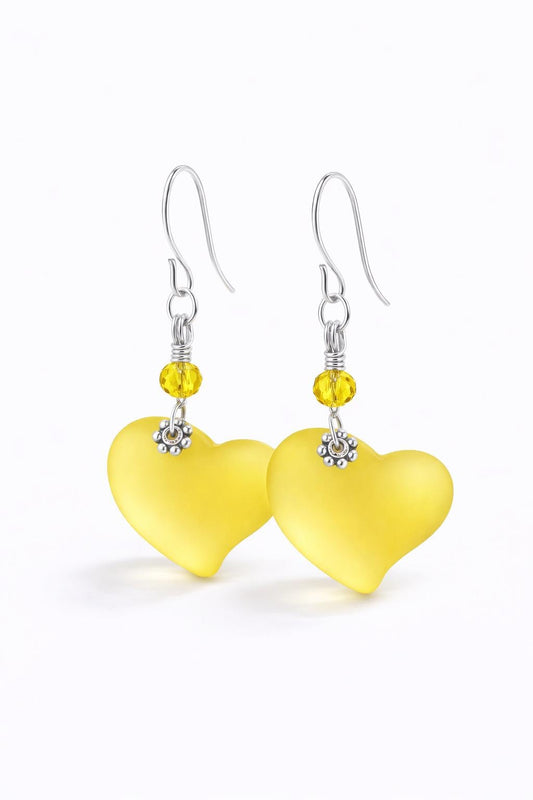 Lemon Yellow Sea Glass Heart Earrings – Dainty Silver Dangle Jewelry, Gift for Her, Bridesmaid Earrings, Summer Jewelry