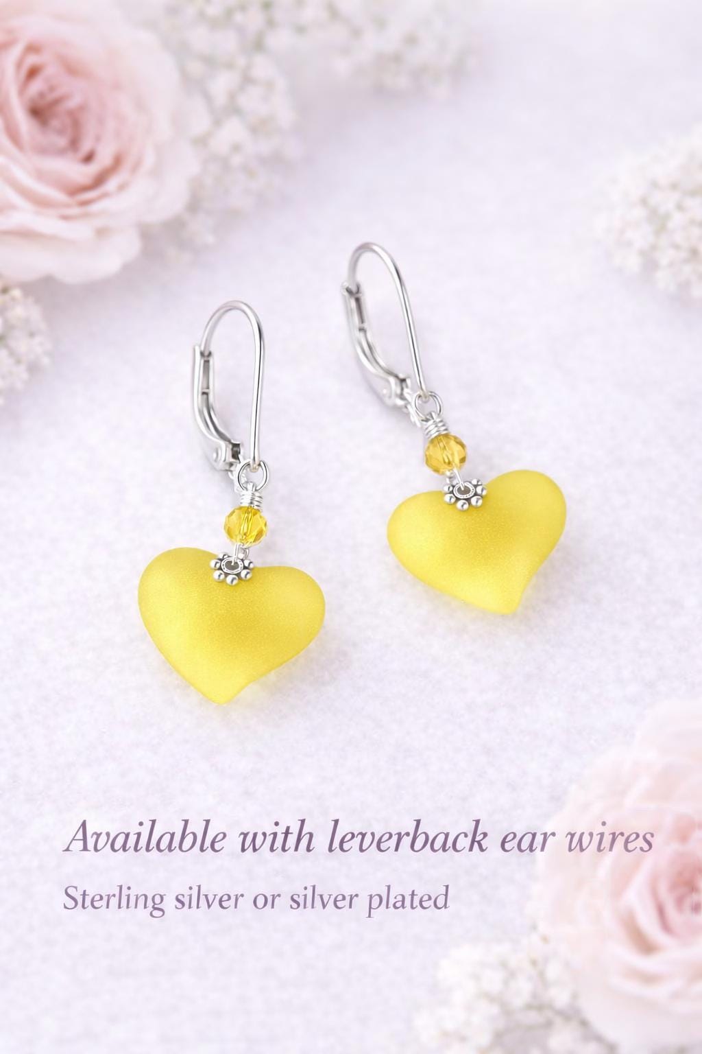 Lemon Yellow Sea Glass Heart Earrings – Dainty Silver Dangle Jewelry, Gift for Her, Bridesmaid Earrings, Summer Jewelry