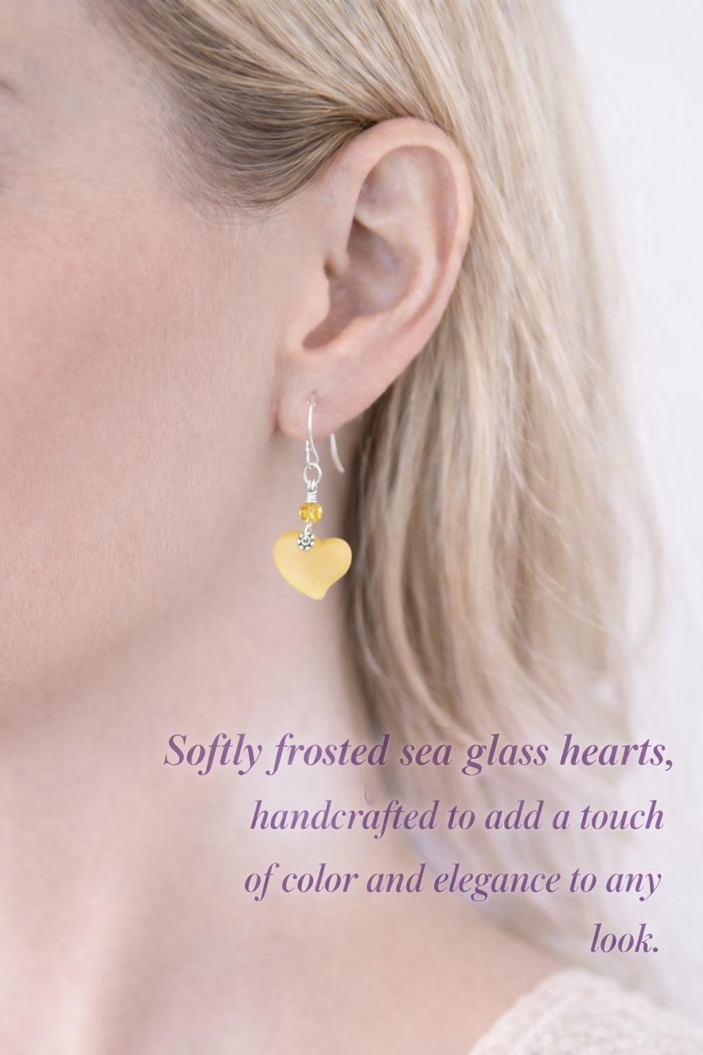 Lemon Yellow Sea Glass Heart Earrings – Dainty Silver Dangle Jewelry, Gift for Her, Bridesmaid Earrings, Summer Jewelry