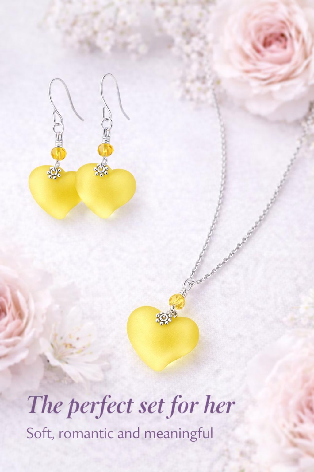 Lemon Yellow Sea Glass Heart Earrings – Dainty Silver Dangle Jewelry, Gift for Her, Bridesmaid Earrings, Summer Jewelry