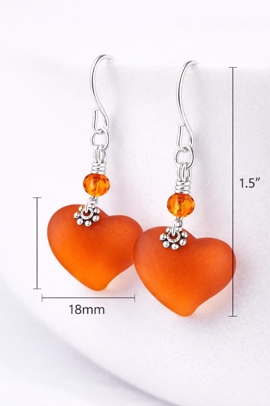 Orange Sea Glass Heart Earrings, Fall Jewelry Gift for Her, Sterling Silver Leverback or Hook Dangle Earrings, Autumn Bridesmaid Gift