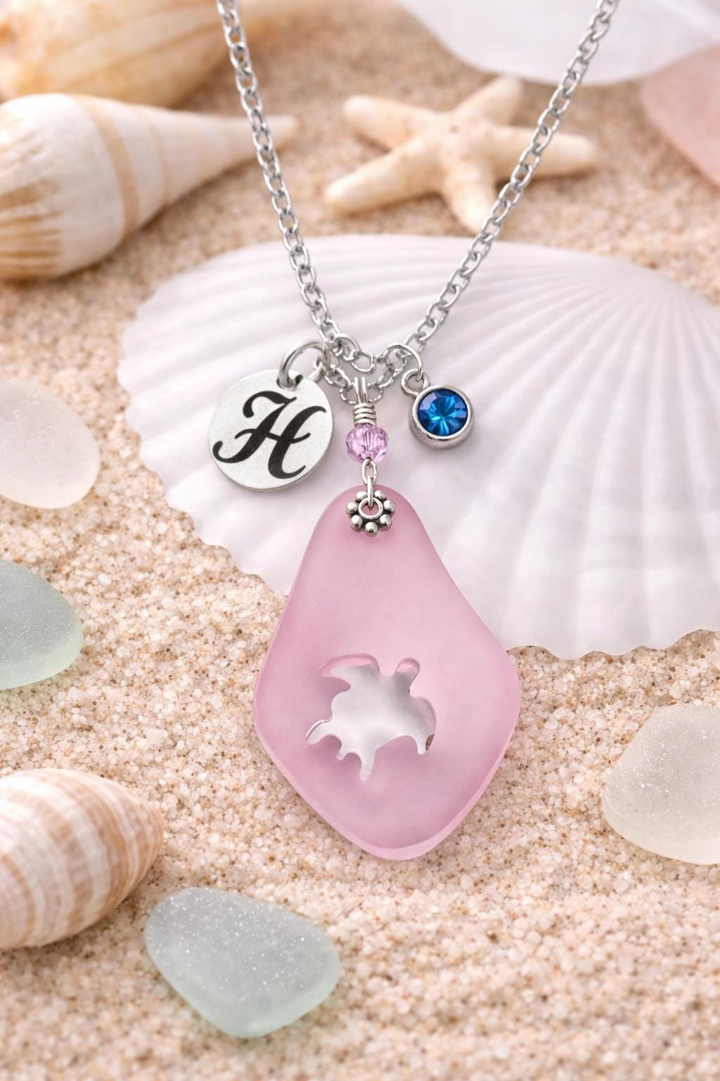 Personalized Sea Glass Turtle Necklace, Initial & Birthstone Charm