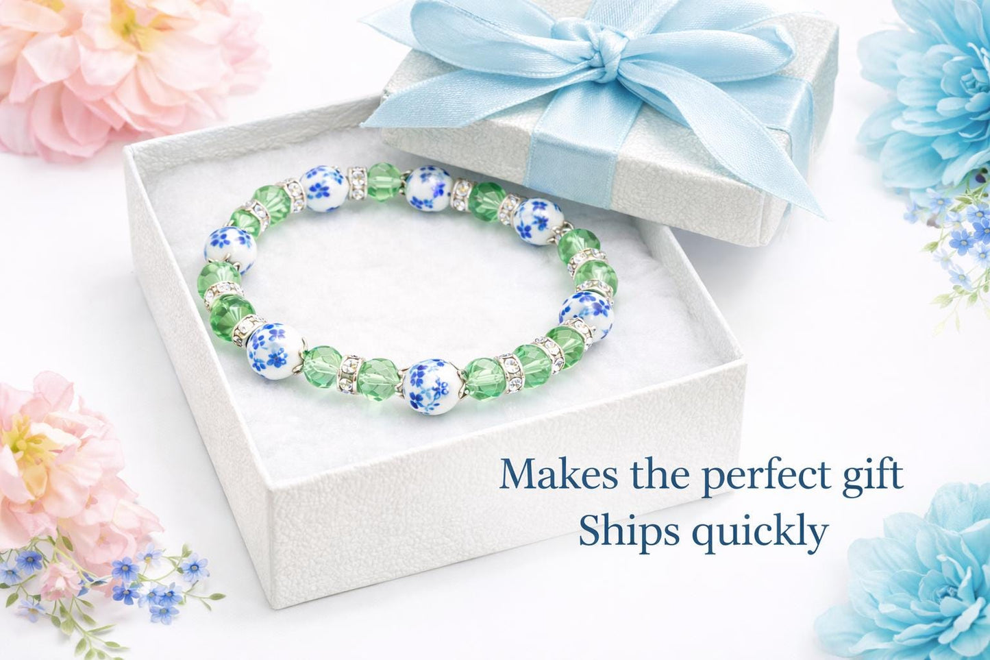 Floral Porcelain Bead Bracelet, Green Faceted Beads, Rhinestone Spacers