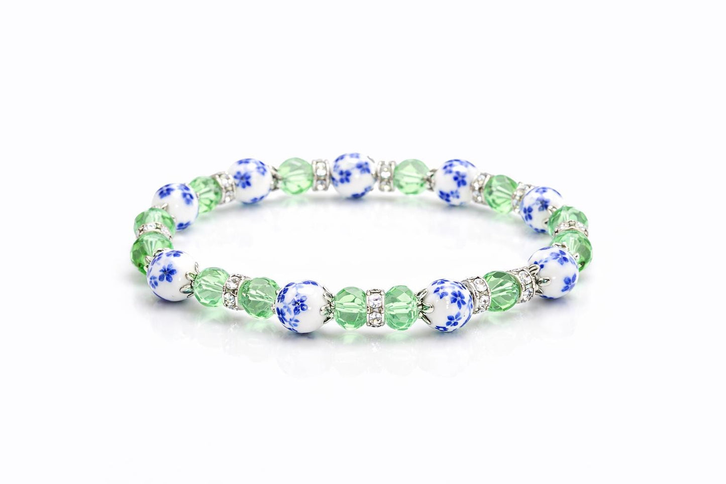 Floral Porcelain Bead Bracelet, Green Faceted Beads, Rhinestone Spacers