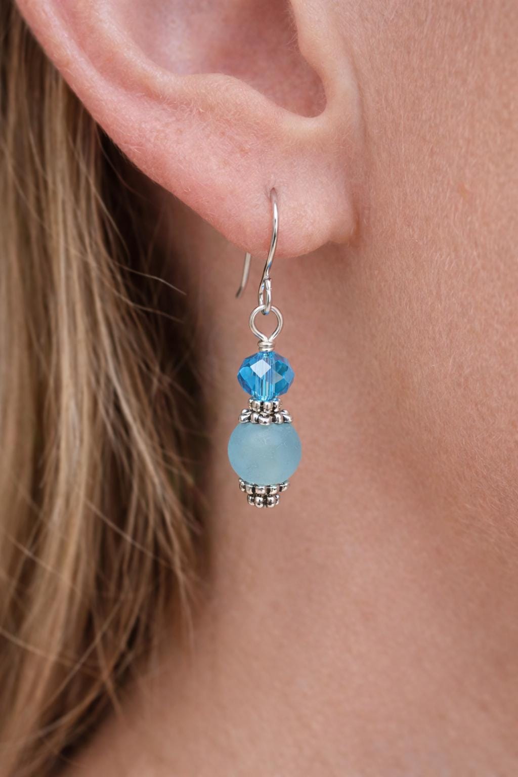 Light Blue Drop Earrings, Simple Silver Dangle Earrings, Minimal Everyday Earrings, Easy Gift for Her