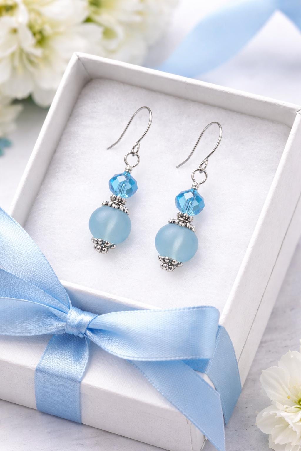 Light Blue Drop Earrings, Simple Silver Dangle Earrings, Minimal Everyday Earrings, Easy Gift for Her