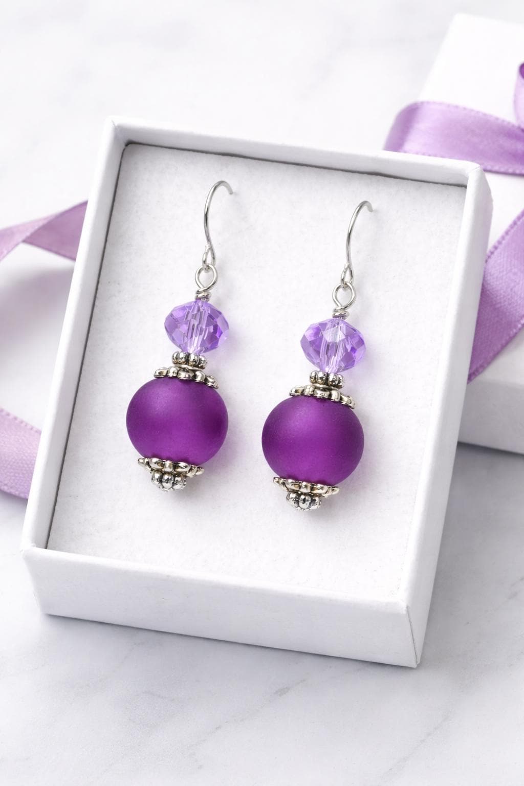 Purple Bead Dangle Earrings – Lightweight Drop Earrings, Silver Tone Earrings, Everyday Jewelry Gift for Her