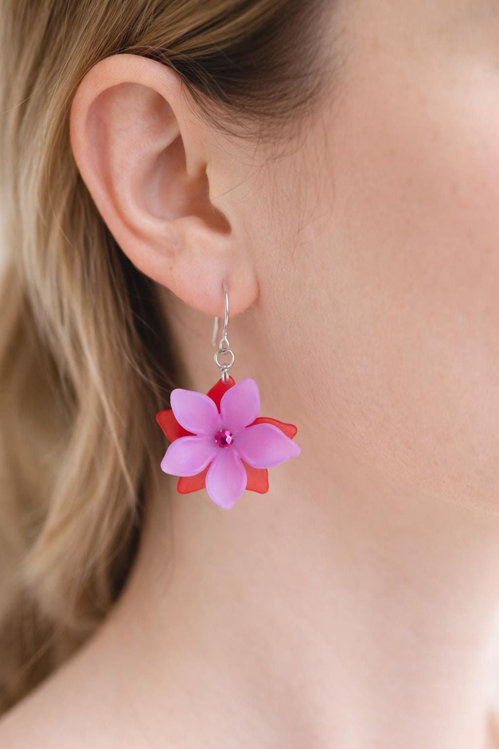 Flower Earrings for Girls, Purple & Red Floral Dangle Earrings, Lightweight Spring Earrings, Teen Gift Jewelry, Birthday or Easter Gift