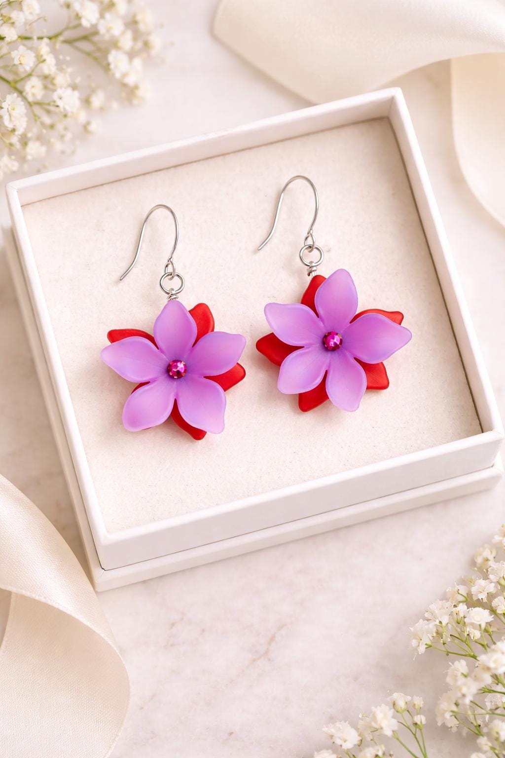 Flower Earrings for Girls, Purple & Red Floral Dangle Earrings, Lightweight Spring Earrings, Teen Gift Jewelry, Birthday or Easter Gift