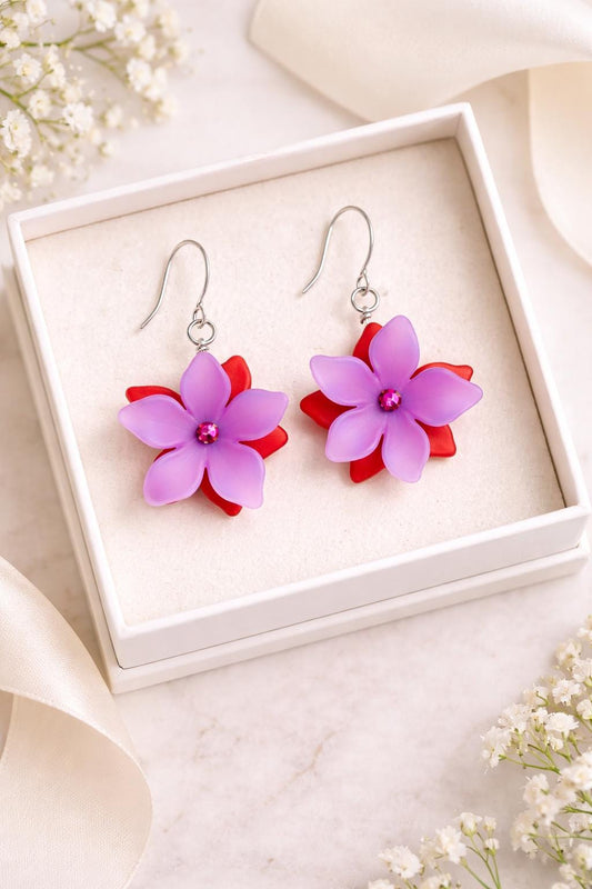 Flower Earrings for Girls, Purple & Red Floral Dangle Earrings, Lightweight Spring Earrings, Teen Gift Jewelry, Birthday or Easter Gift