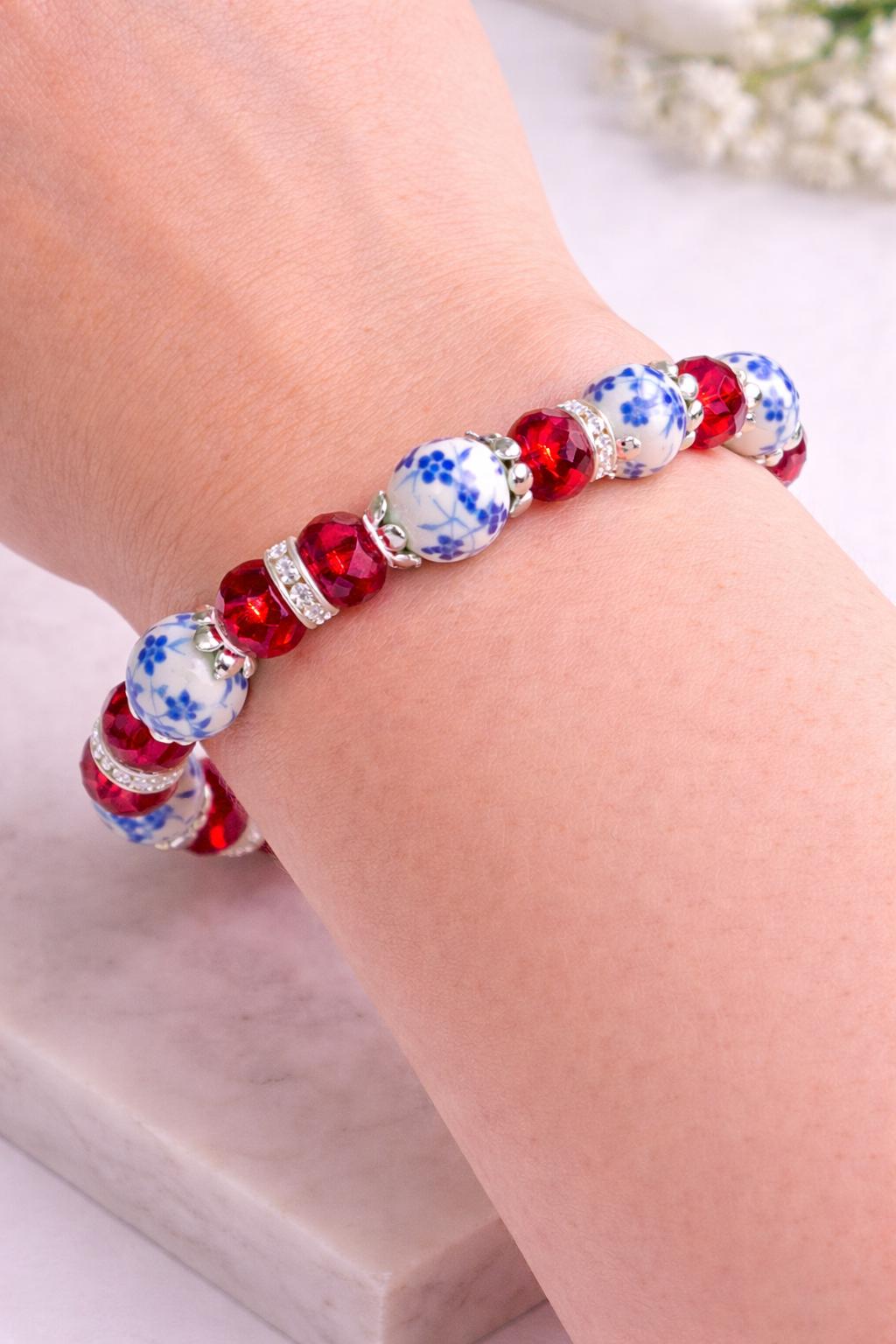 Blue Floral Bracelet, Red Crystal Stretch Bracelet, Hypoallergenic Silver Jewelry, Adjustable Beaded Bracelet, Gift for Her