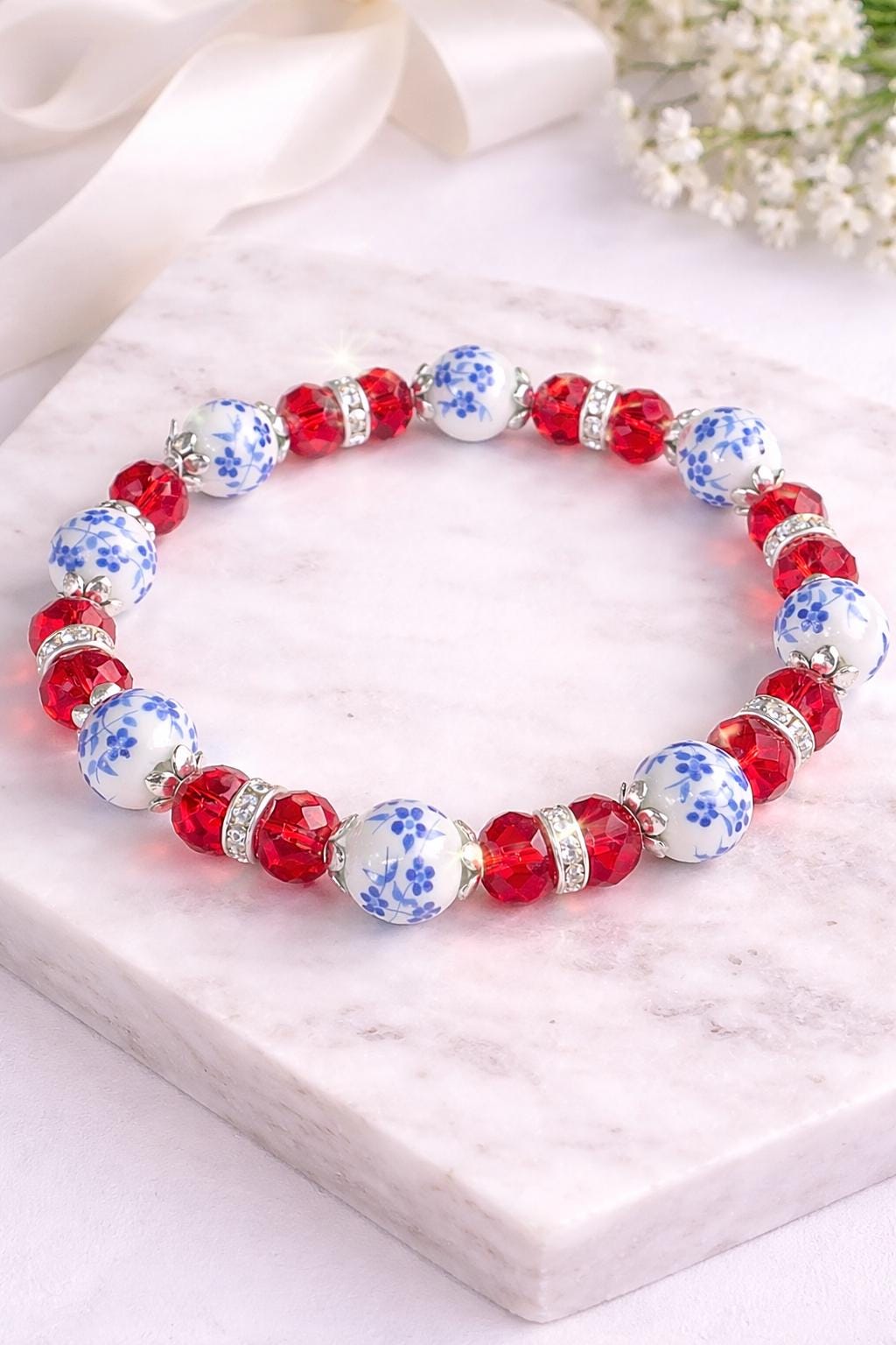 Blue Floral Bracelet, Red Crystal Stretch Bracelet, Hypoallergenic Silver Jewelry, Adjustable Beaded Bracelet, Gift for Her
