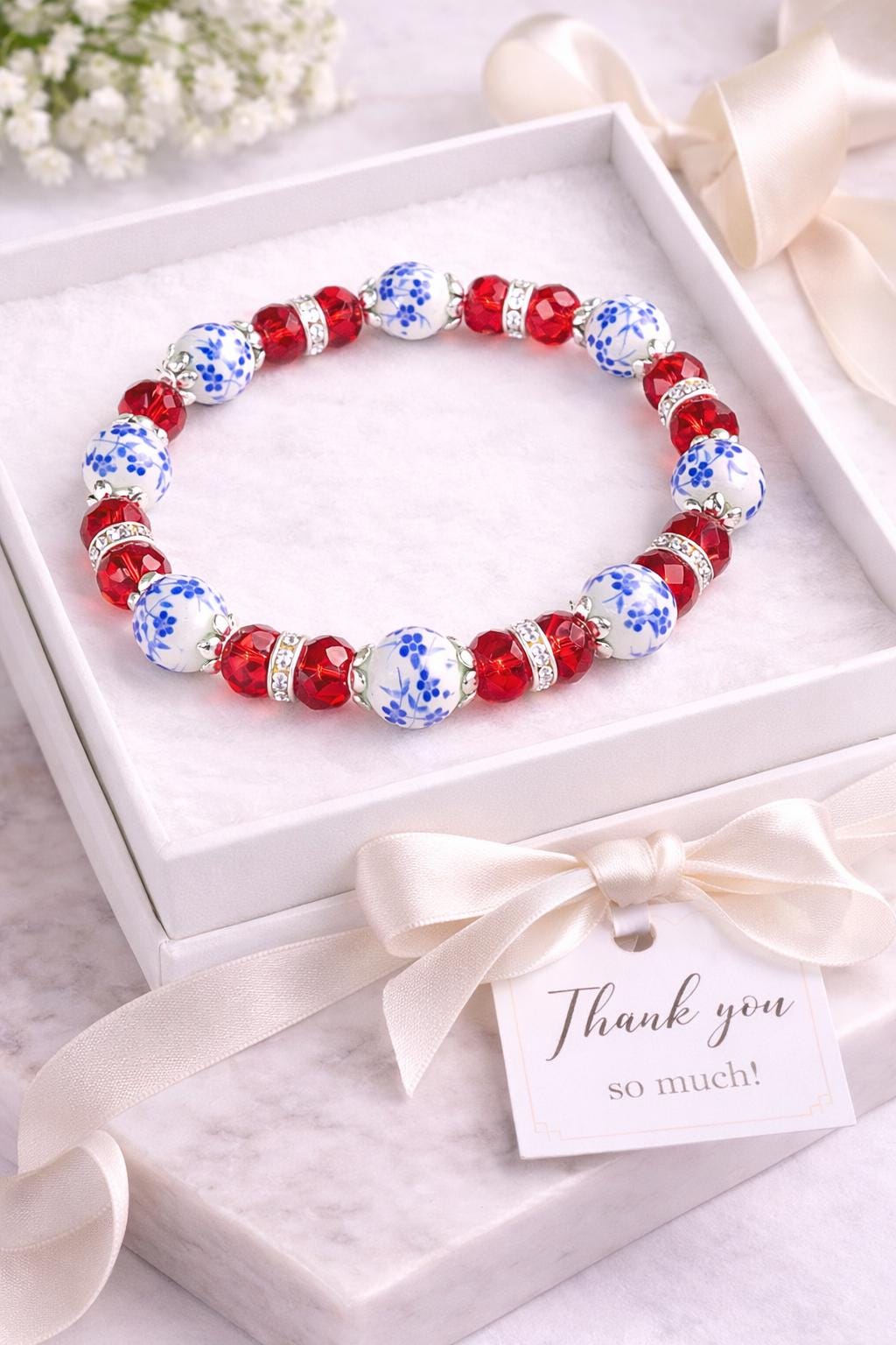 Blue Floral Bracelet, Red Crystal Stretch Bracelet, Hypoallergenic Silver Jewelry, Adjustable Beaded Bracelet, Gift for Her
